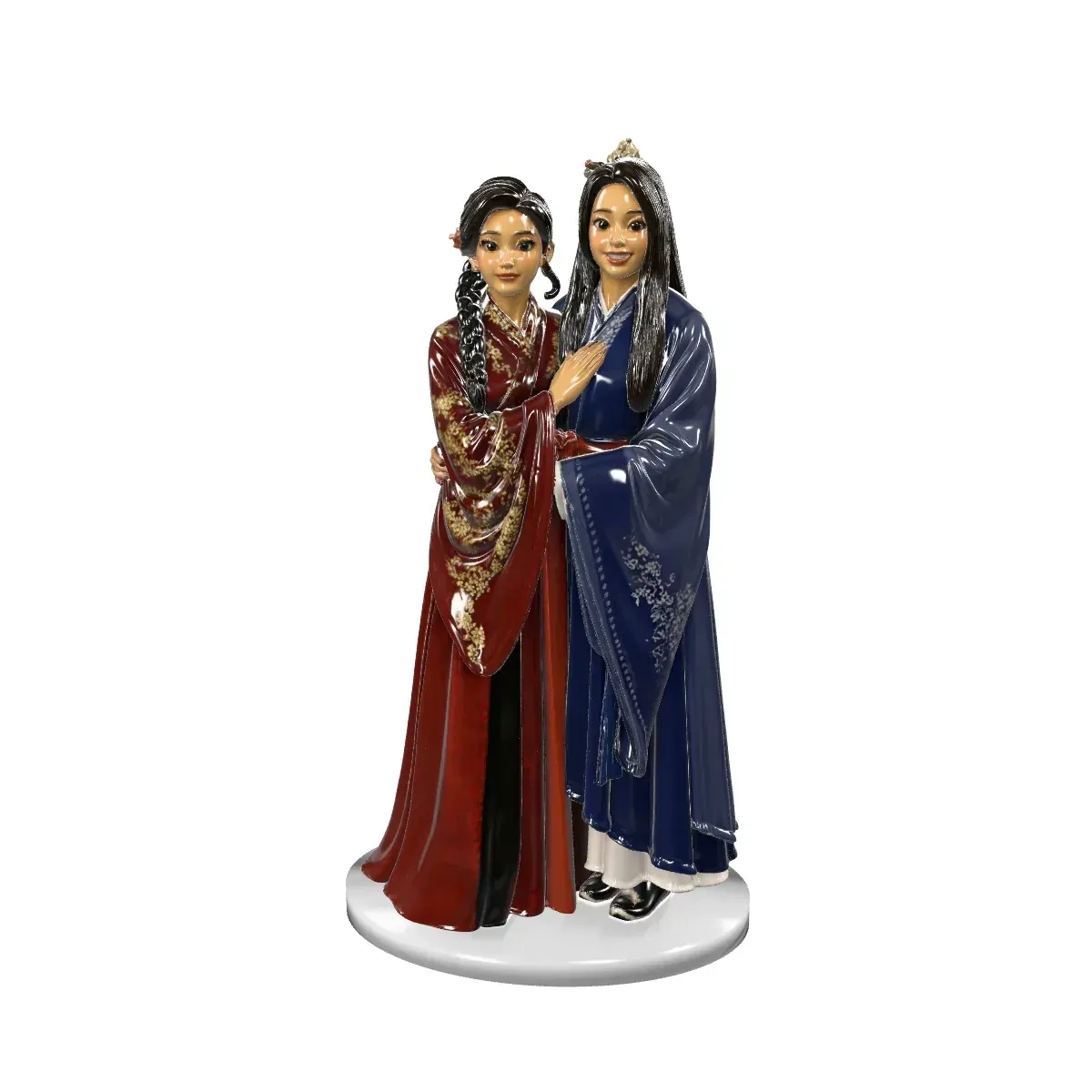 3D model of two people in red and blue robes in a side hold, on a white oval base
