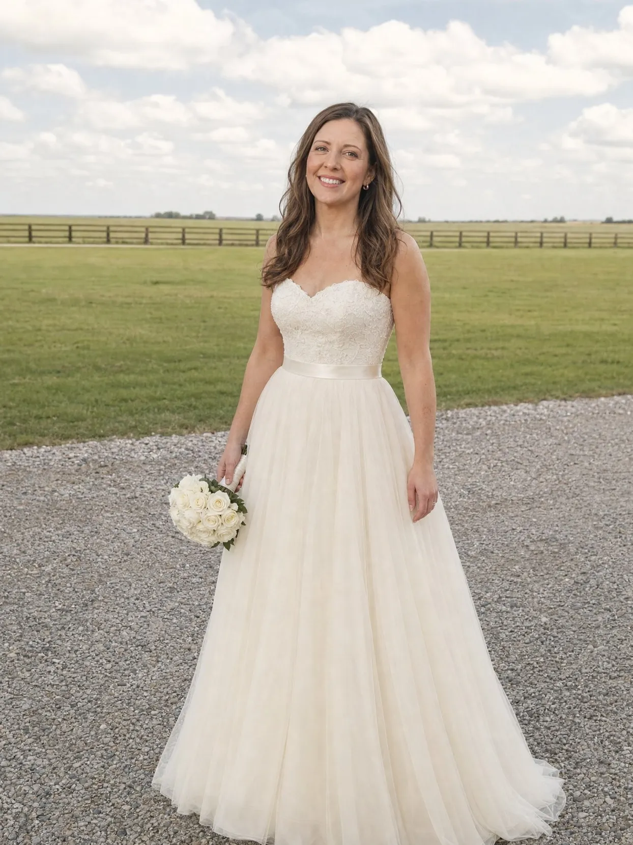 The same woman in an ivory strapless gown with a lace bodice and a full tulle skirt, holding white roses, on a gravel drive.