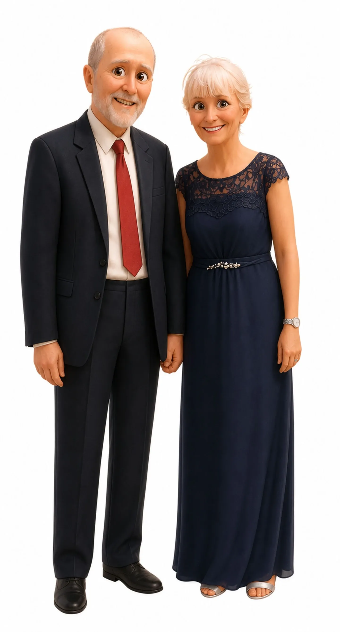 3D Animated preview of the same couple at true proportions: he is bald on top with grey sides and a white beard