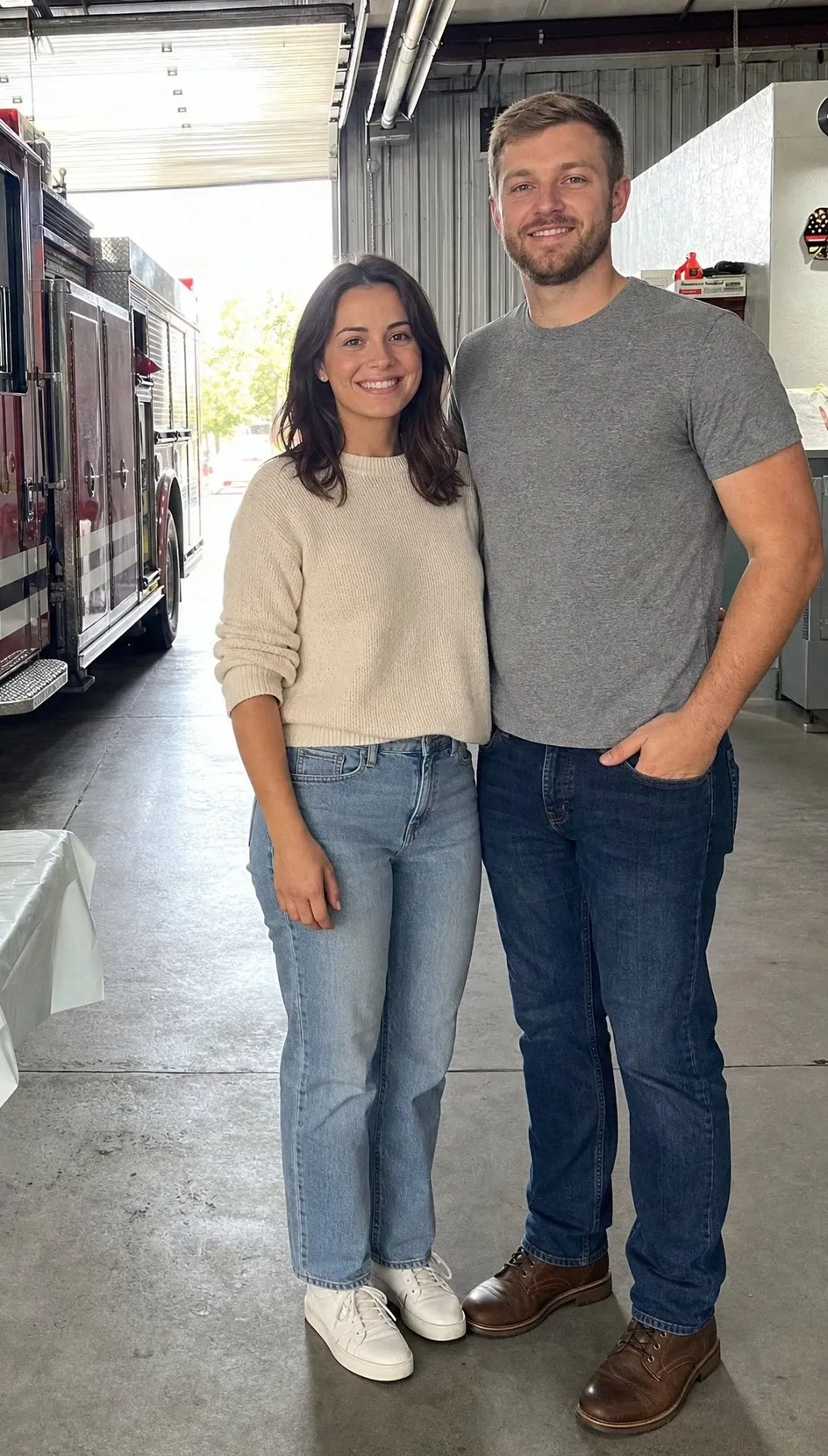 A man in a gray T-shirt and jeans and a woman in a cream sweater and jeans stand side by side in a fire station bay, a red fire engine on the left and an open bay door behind them.