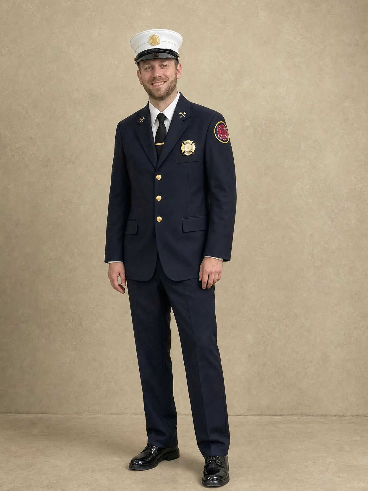 The same man in the navy dress uniform and white cap, standing in front of a plain beige wall.