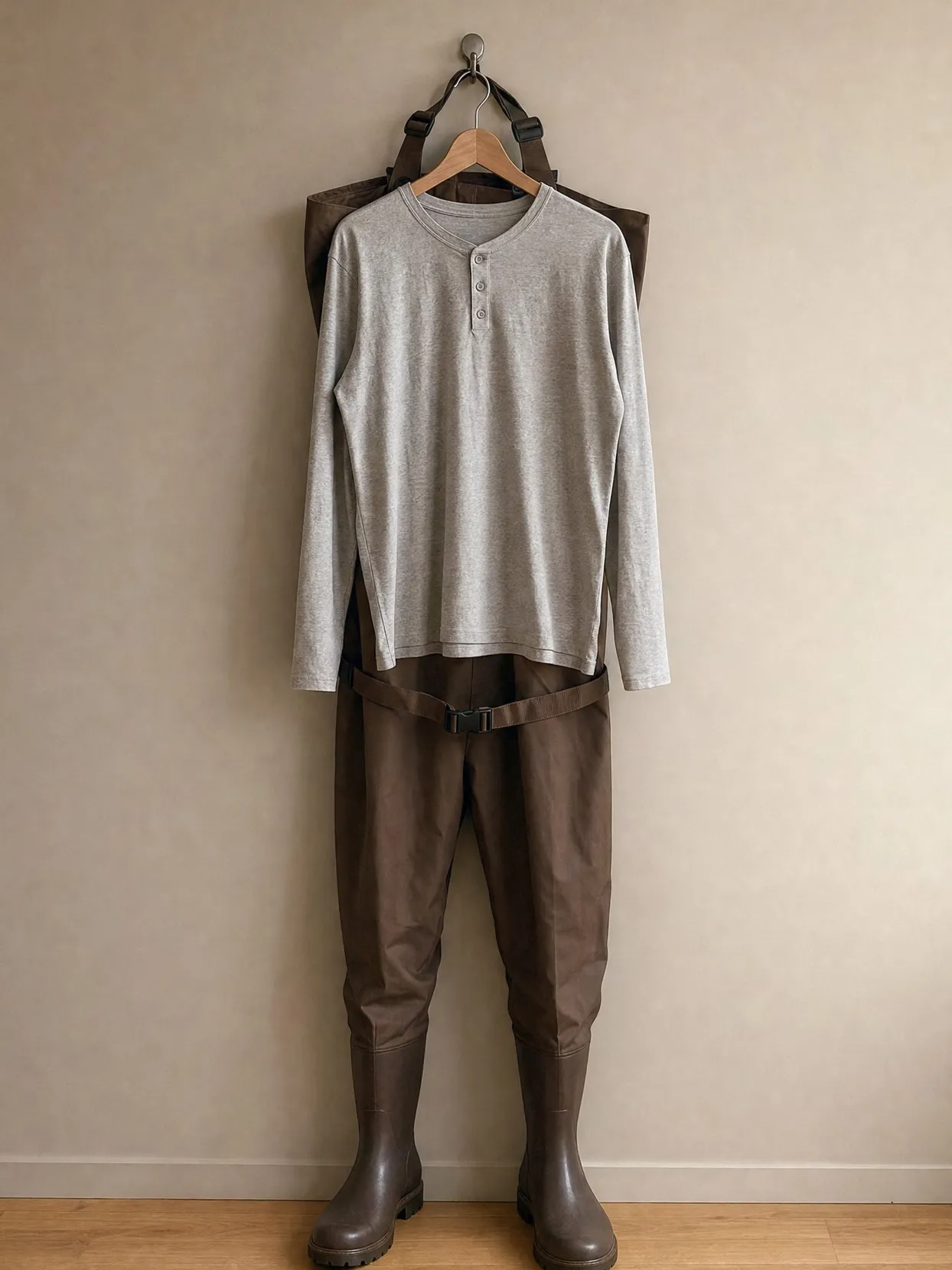 Brown chest waders with boots on a wall hook, a gray henley on a hanger in front.