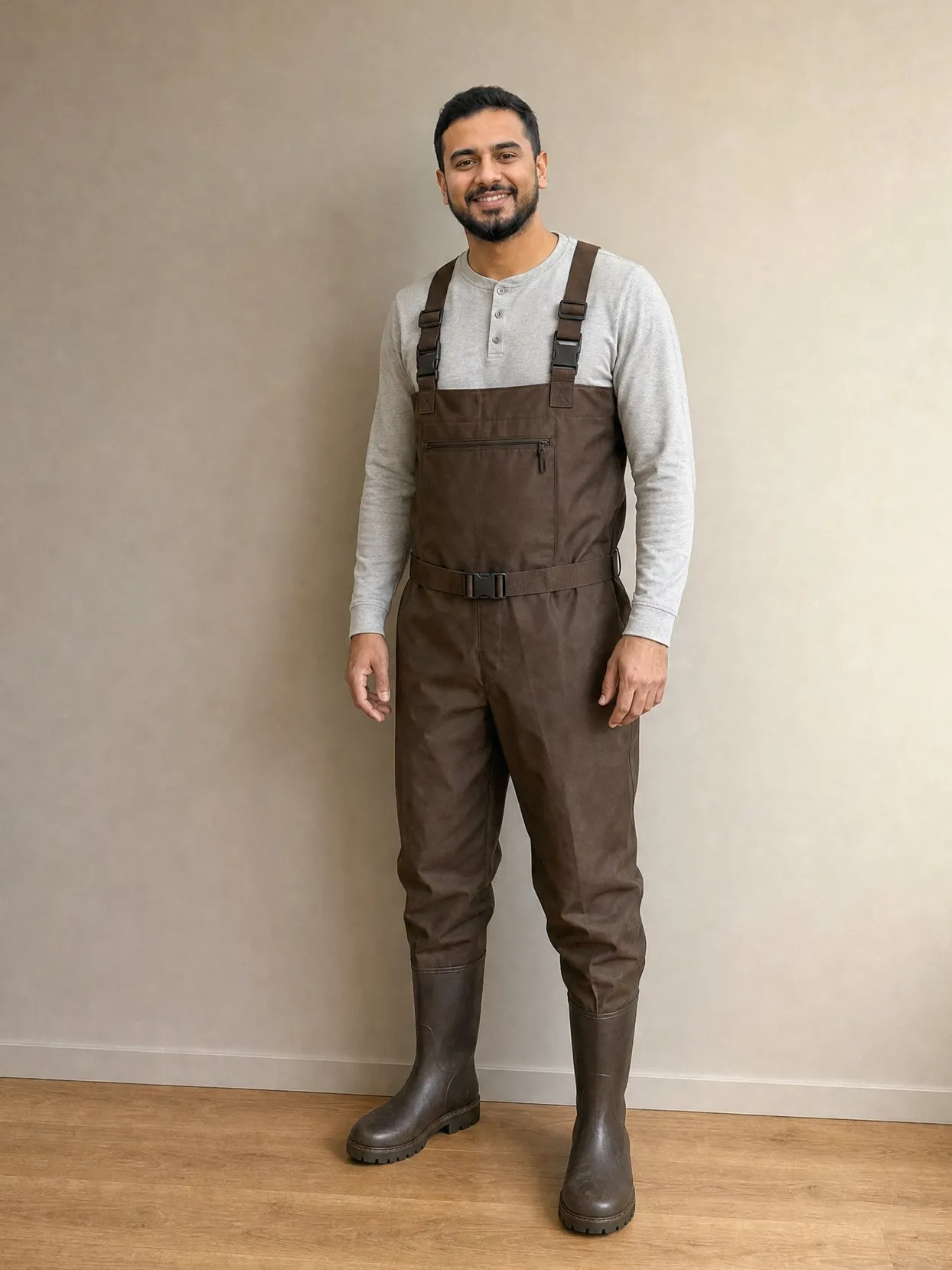 The man from the couple photo in the same brown waders and gray henley, against a plain wall.