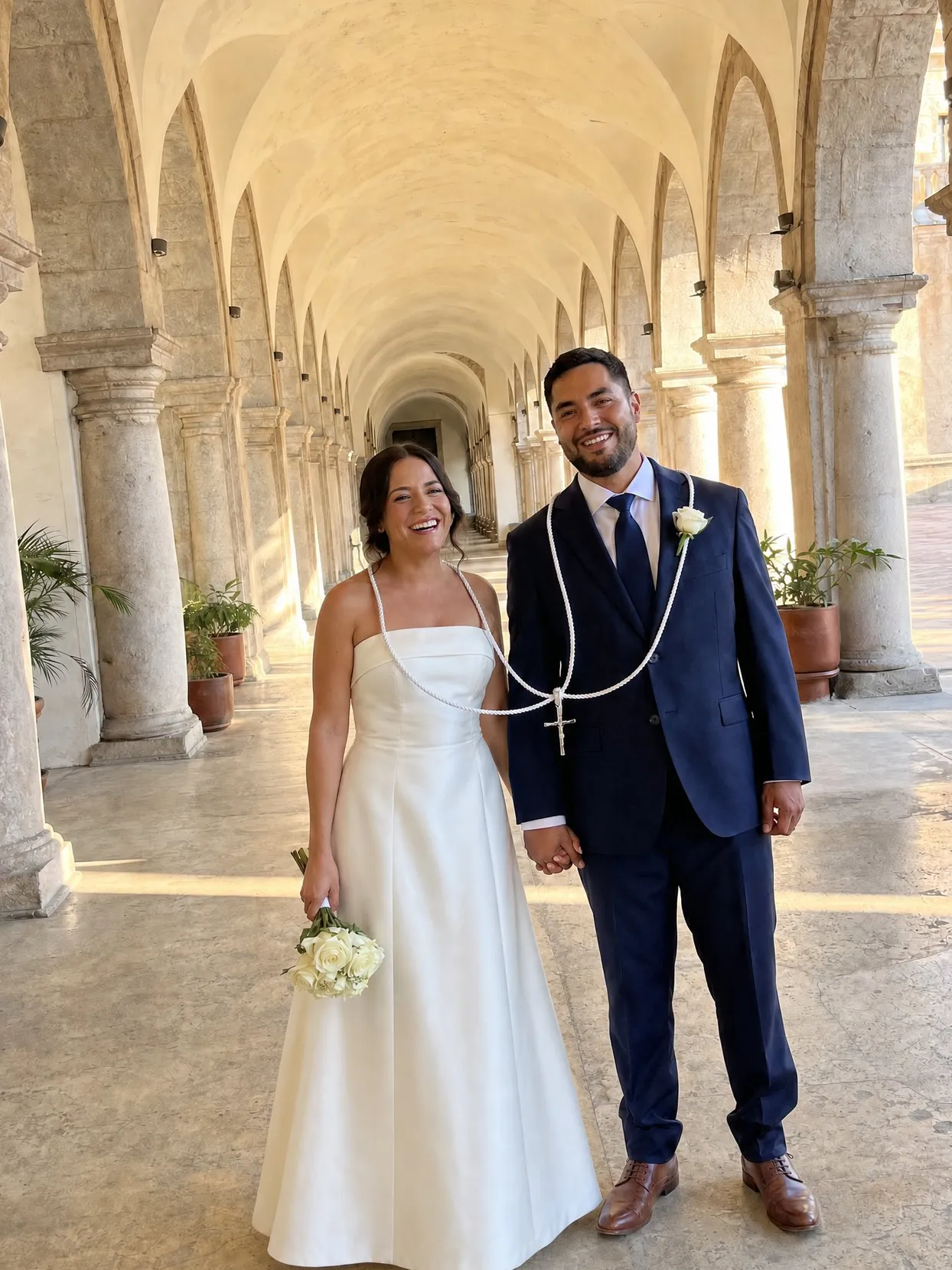 A bride in a plain white satin gown with thin straps and a groom in a navy suit hold hands in a stone church arcade, a white cord with a silver cross looped over both of them.