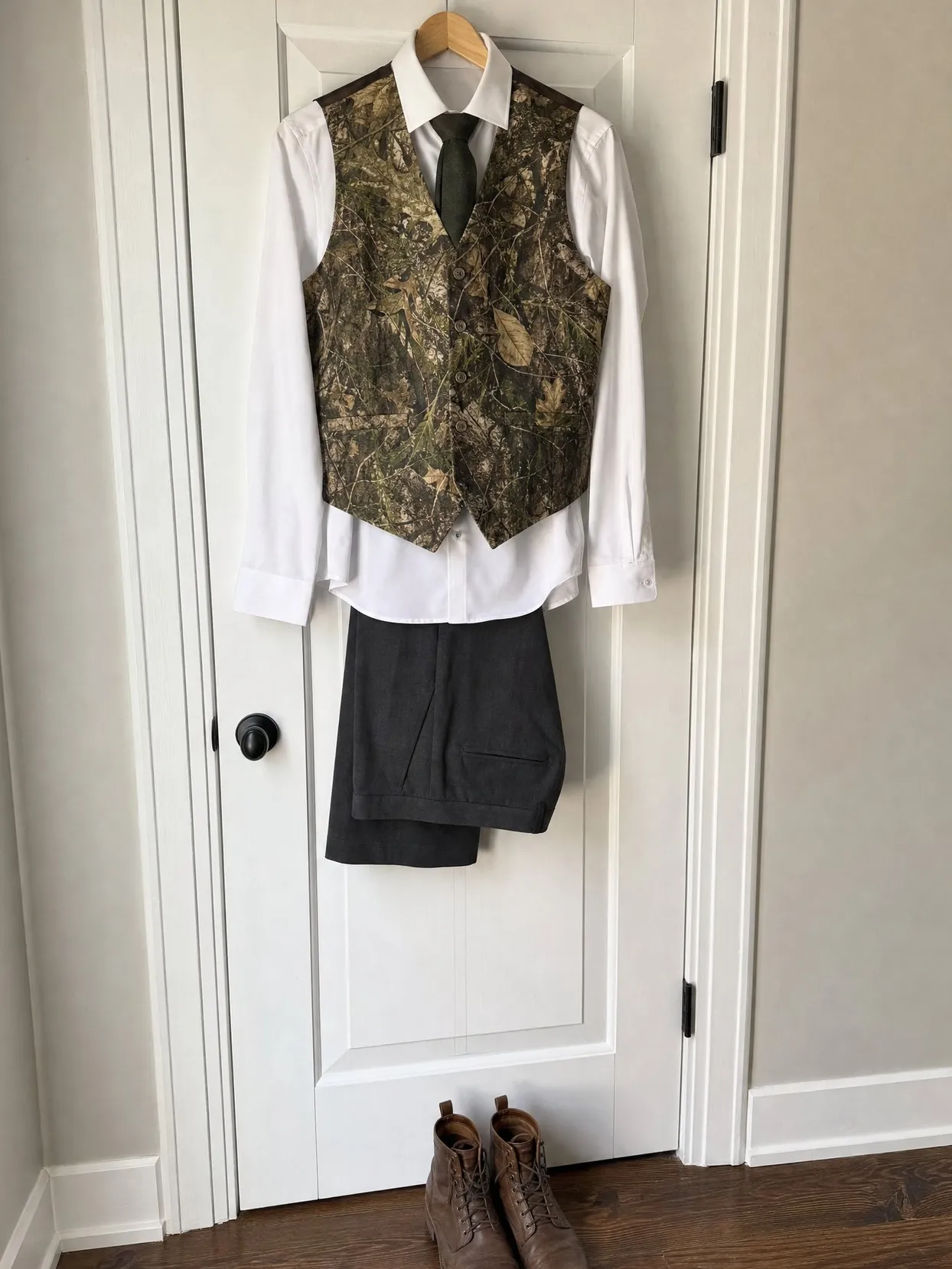 Eine Tarnweste über einem weißen Hemd und einer grünen Krawatte, graue Hose und Stiefel, an einer weißen Tür hängend.