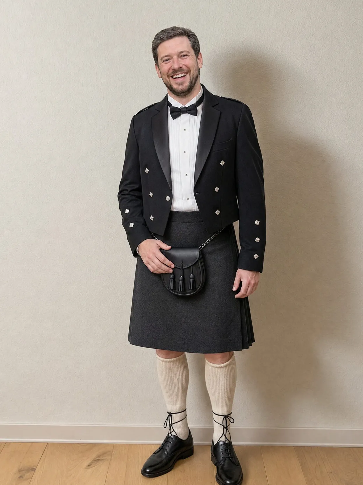 The man from the first photo in a charcoal kilt, black kilt jacket, black bow tie, black sporran and cream knee socks, standing against a plain white wall.