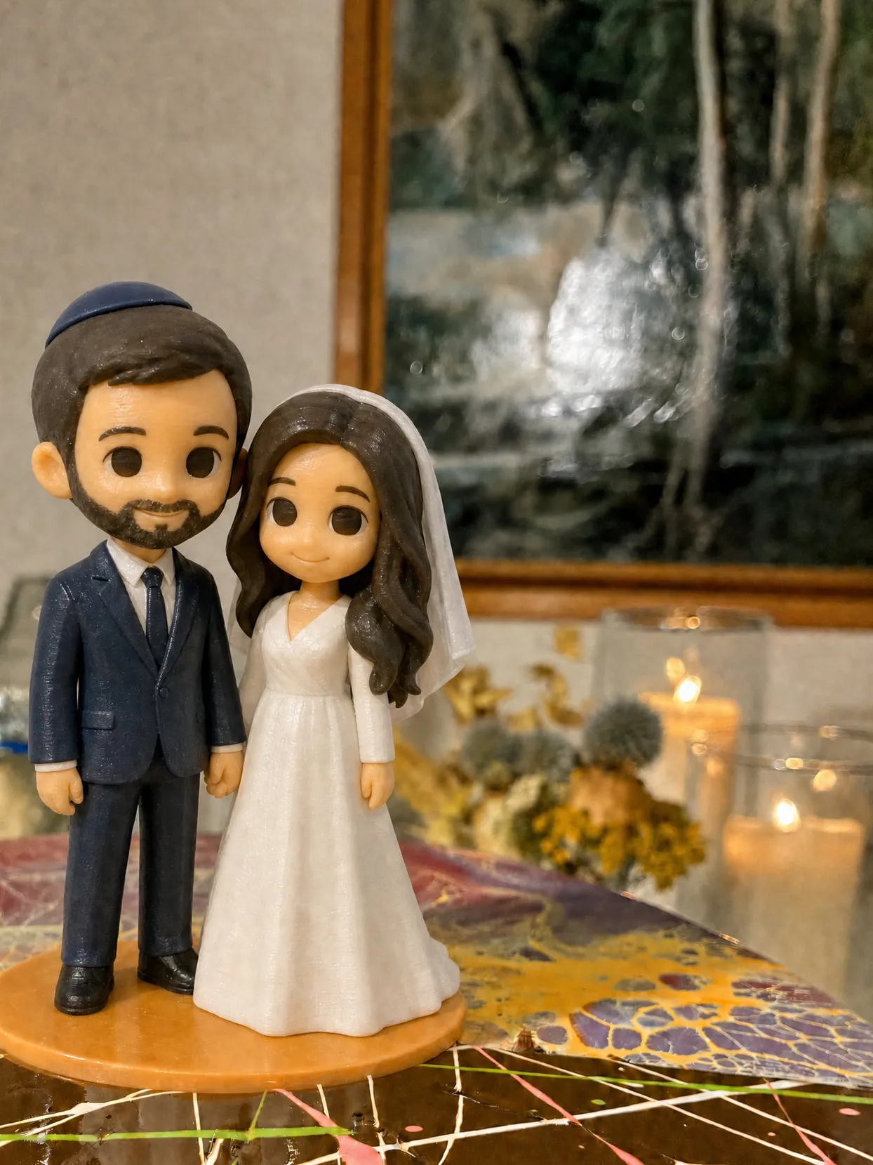 Chibi-Figur desselben Paars Hand in Hand auf einem orangen Sockel auf der Torte: Bräutigam mit dunkelblauer Kippa und dunkelblauem Anzug, Braut in langärmeligem weißem Kleid und kurzem Schleier