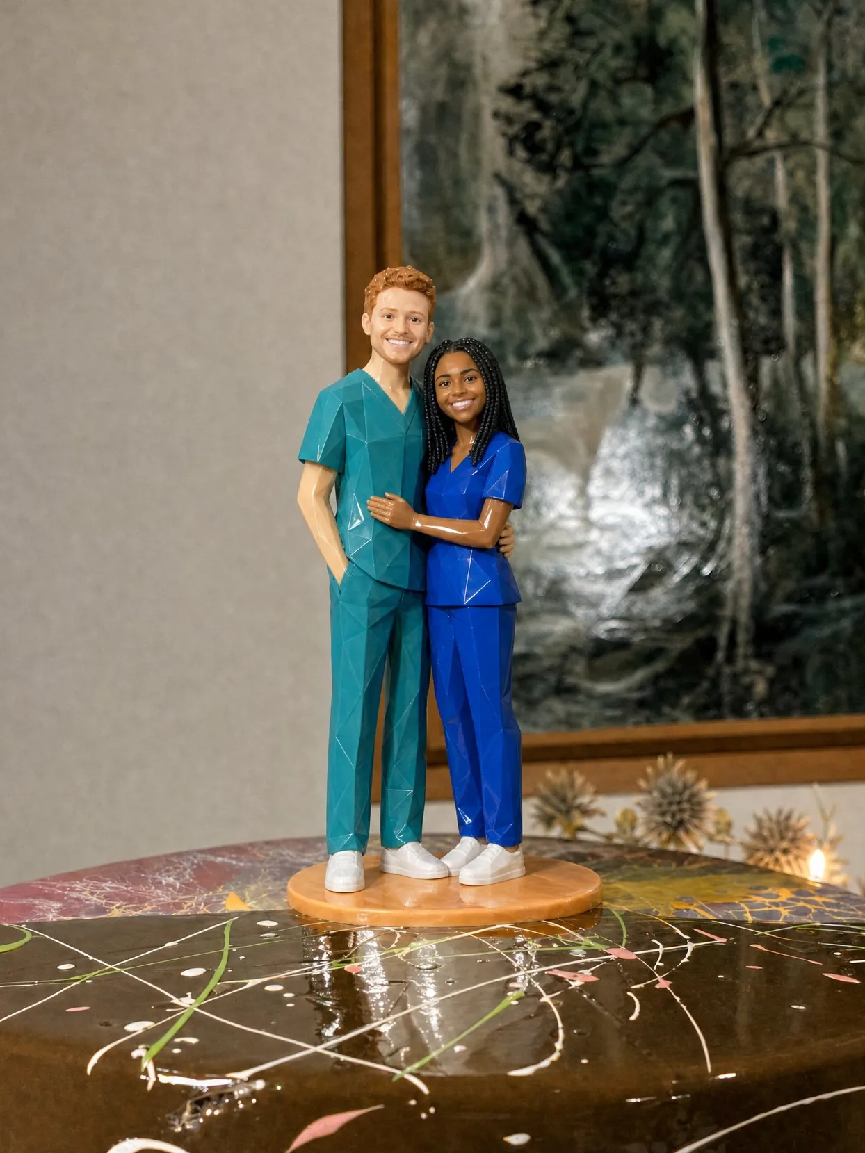 The same couple side by side, she in royal blue scrubs, he in teal scrubs.