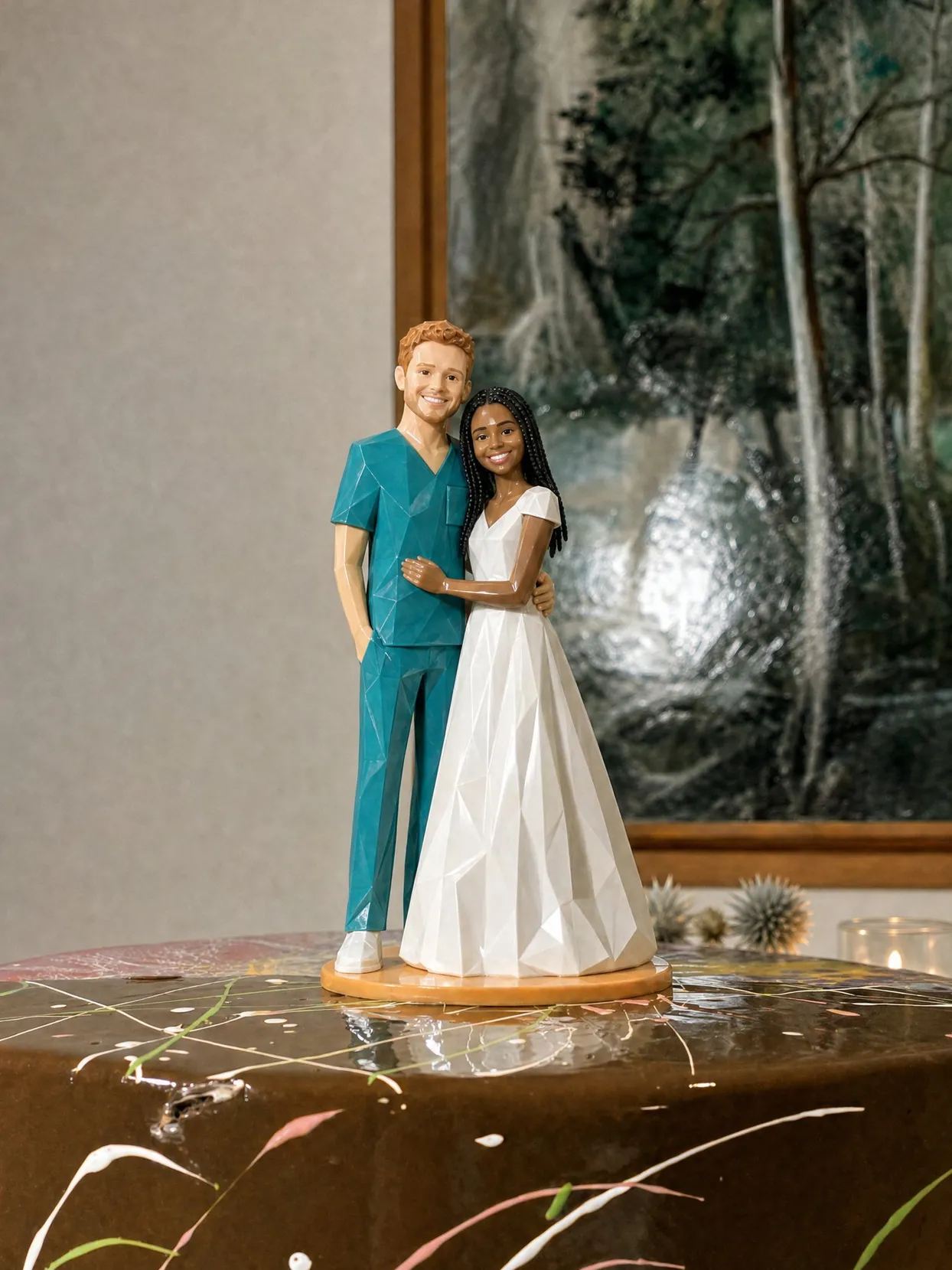 The same couple: the groom in teal scrubs, the bride in a white gown.