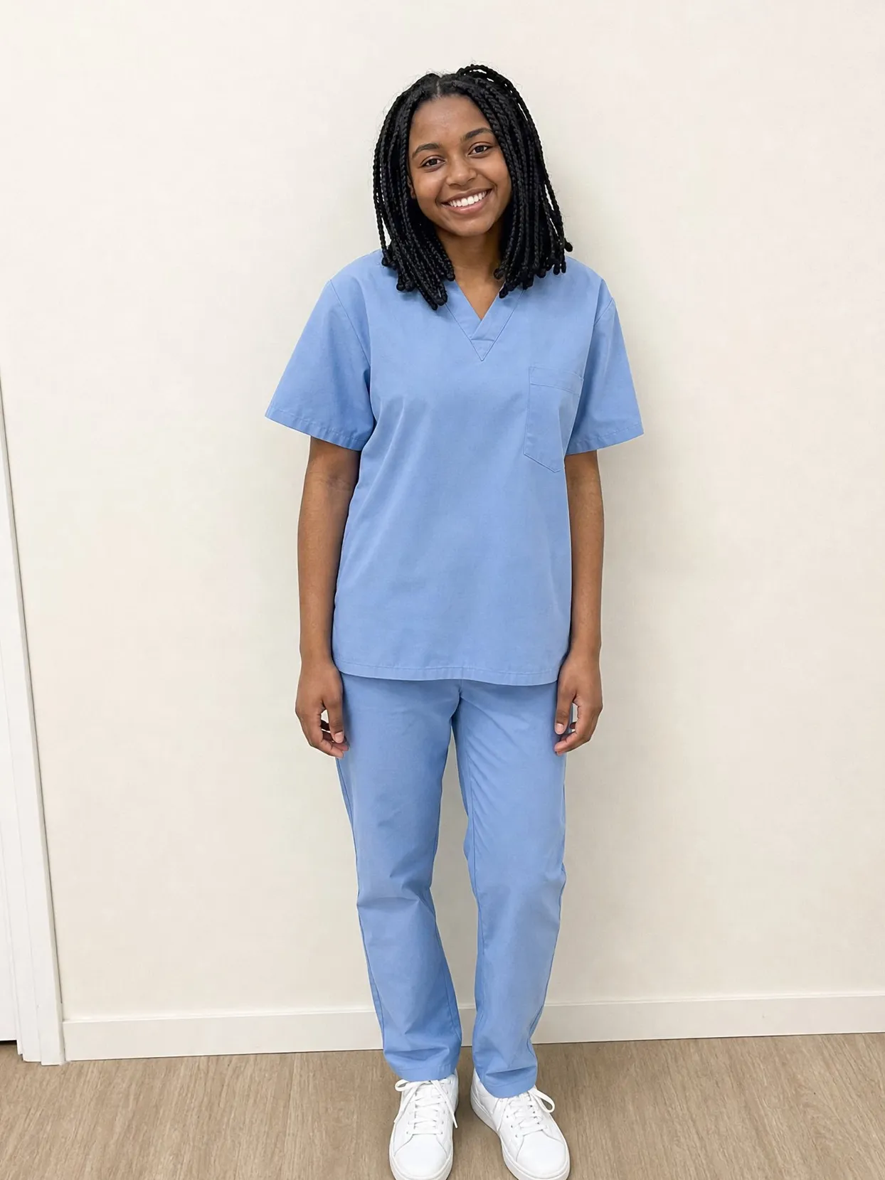 The woman from the couple photo in the same light blue scrubs and white sneakers, against a plain wall.