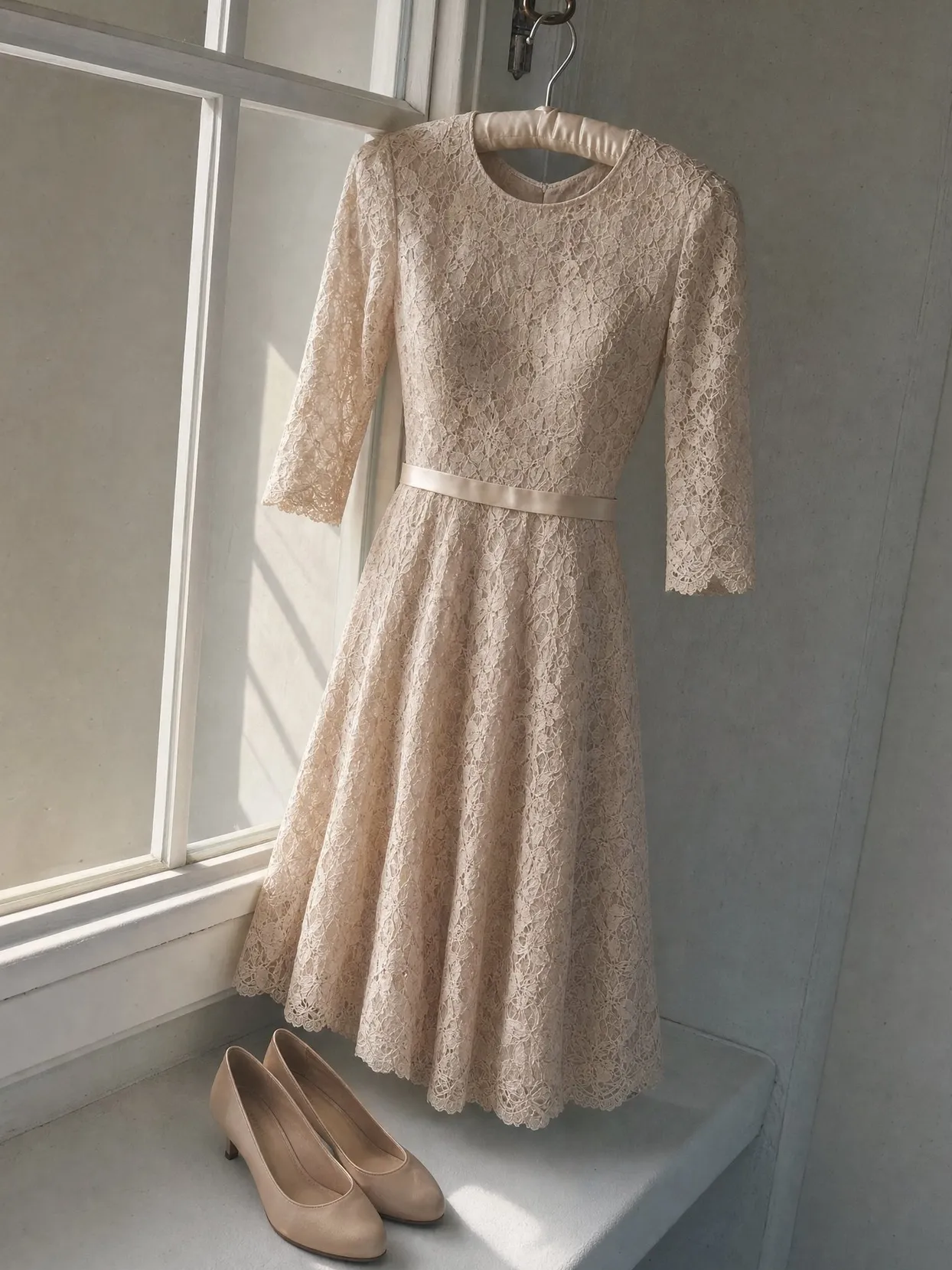 A champagne lace dress with three-quarter sleeves and a satin belt on a hanger at a window, low-heeled shoes on the sill.