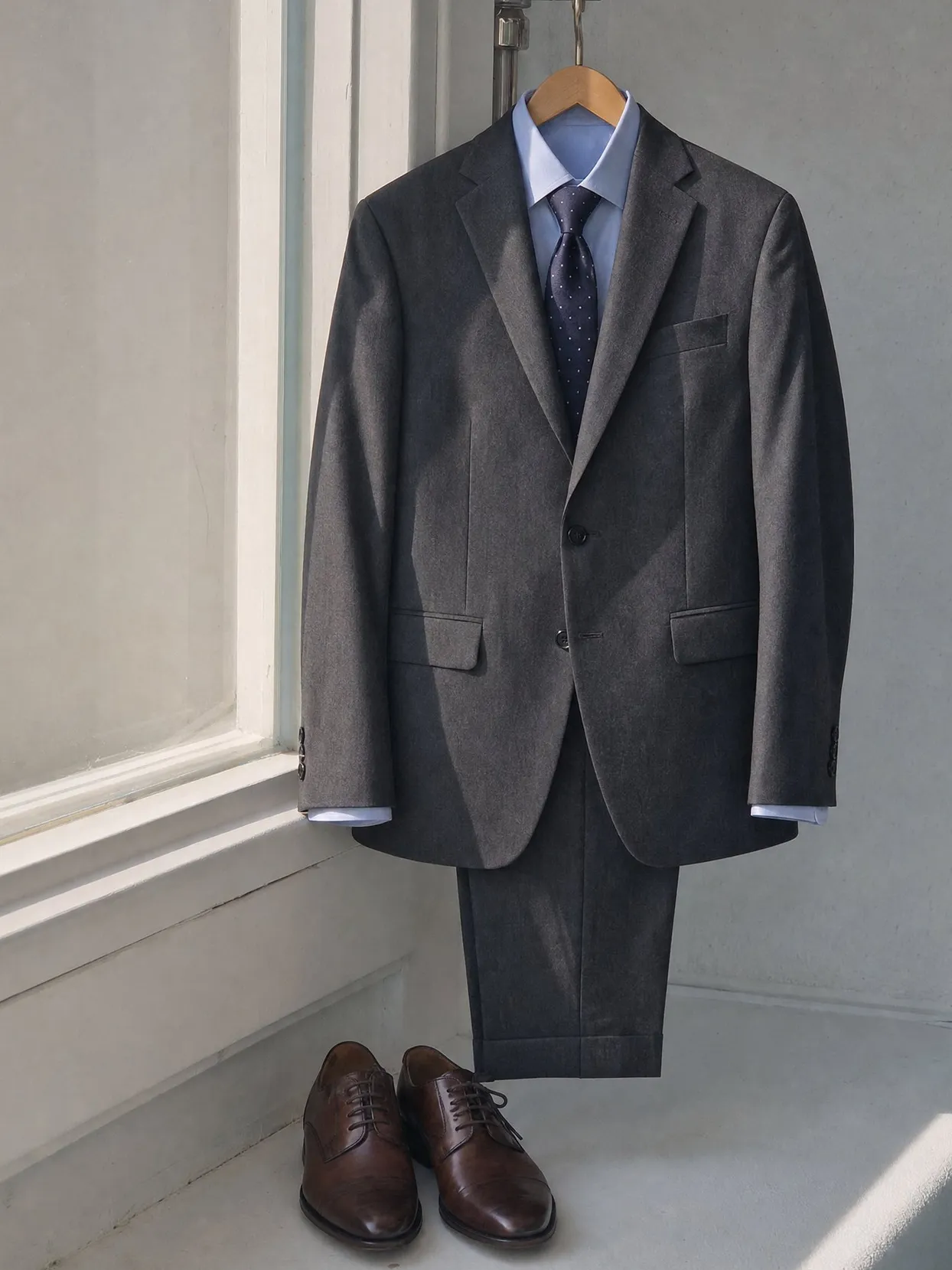 A charcoal suit with a light blue shirt and a navy dotted tie on a wooden hanger at a window, brown shoes on the sill.