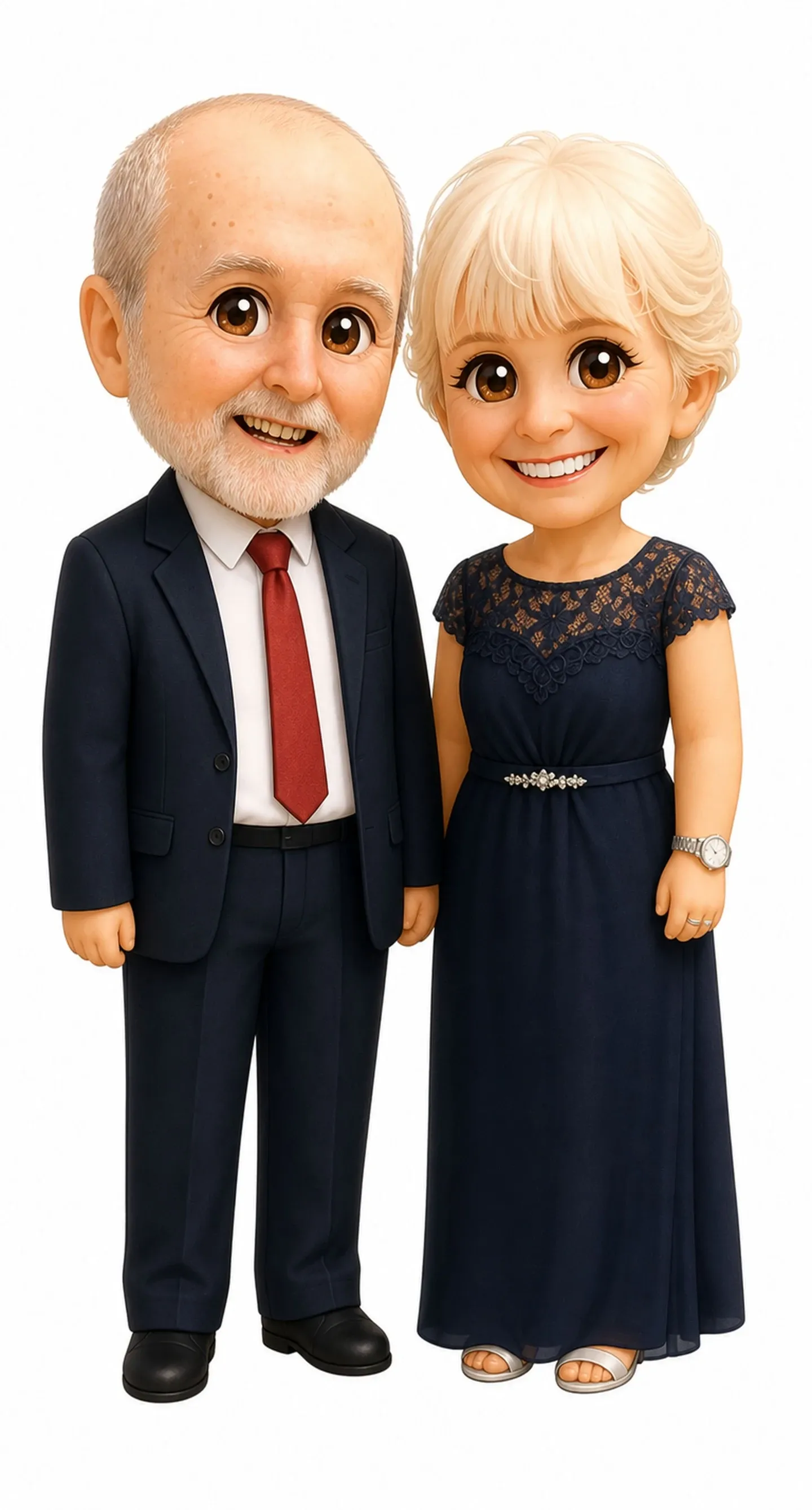 Chibi style preview of an older couple: he is bald with a white beard, in a navy suit and red tie; she has short pale hair and a navy lace dress.