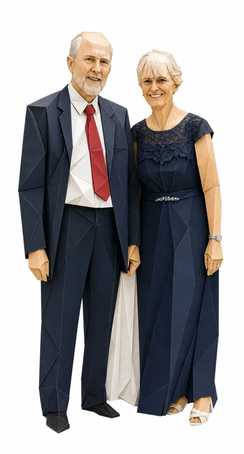 Origami style preview of an older couple: he is bald on top with a white beard, in a navy suit and red tie; she has short pale hair and a navy lace dress. Lines show on both faces.