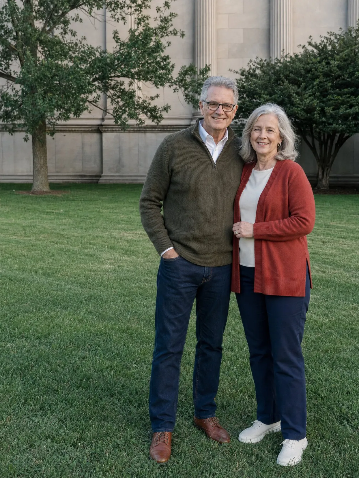 An older couple standing on a lawn in front of a stone building: he has gray hair and glasses, an olive sweater and jeans; she has shoulder-length gray hair, a red cardigan and navy trousers.