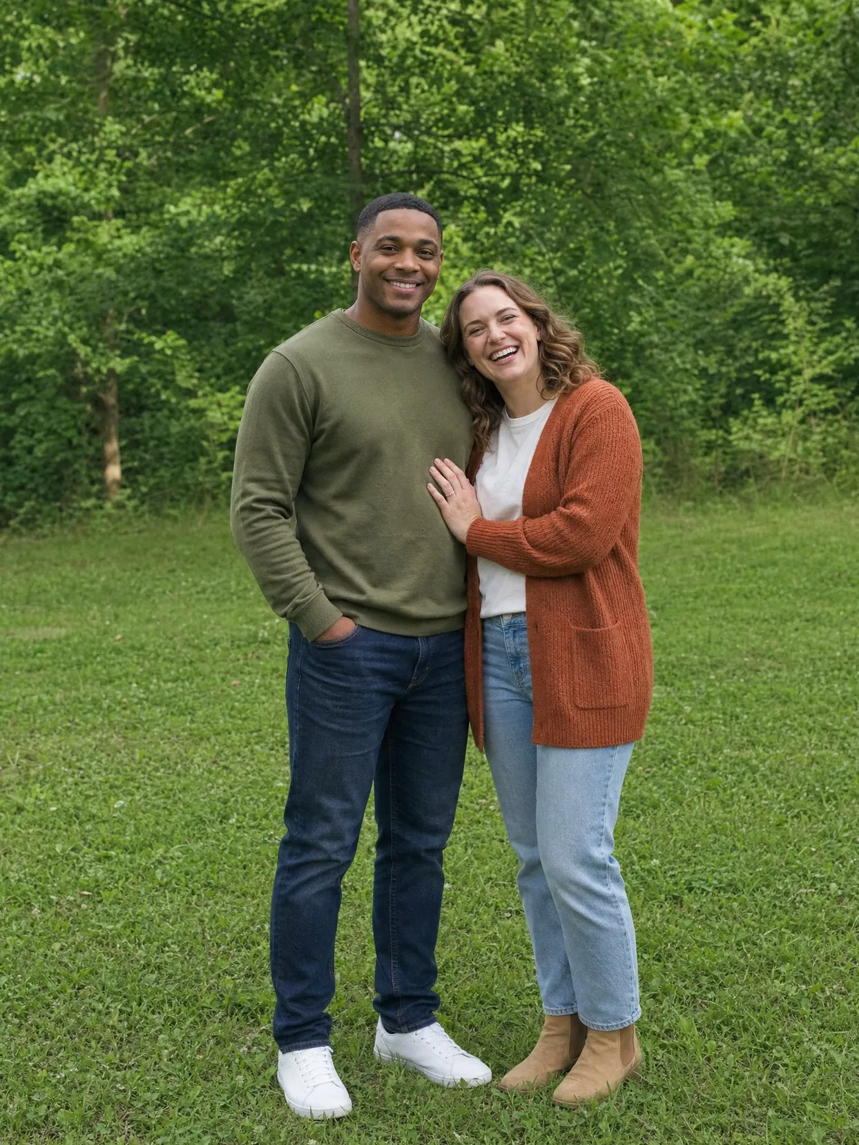 A couple on a park lawn, he in an olive sweatshirt, she in a rust cardigan.