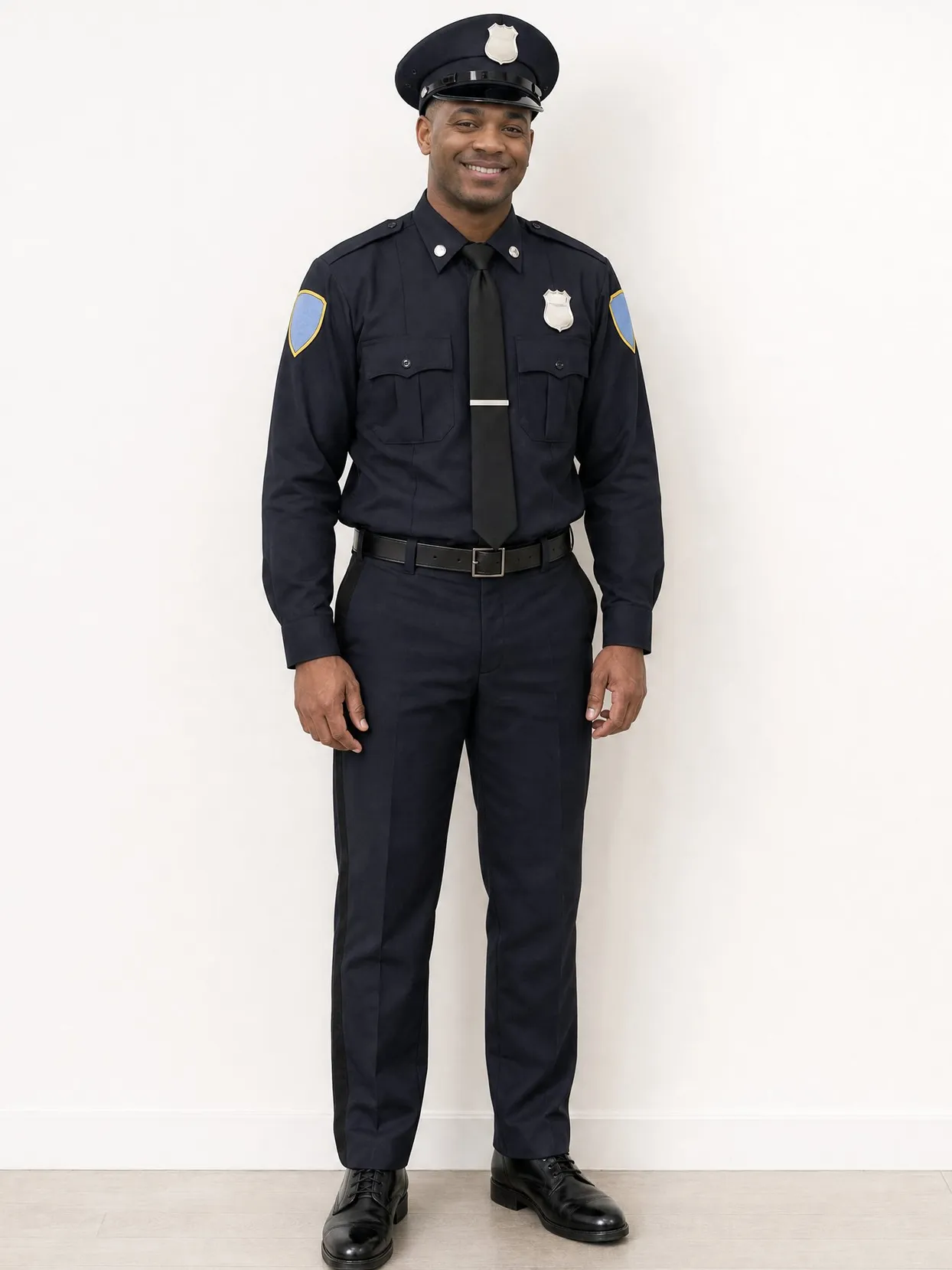 The same man in the navy uniform and cap, full length, against a plain white wall.
