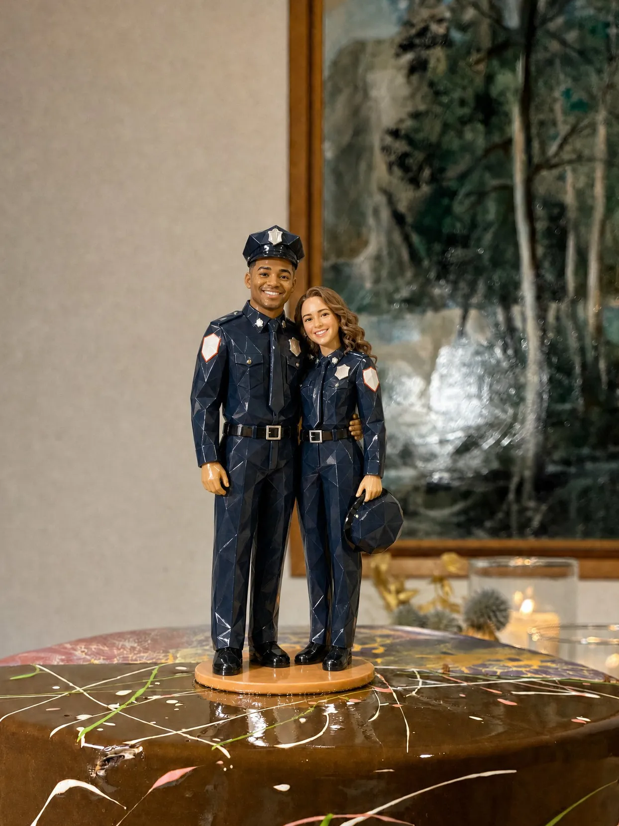 The same couple on a chocolate cake, both in navy dress uniforms. She holds her cap at her side.