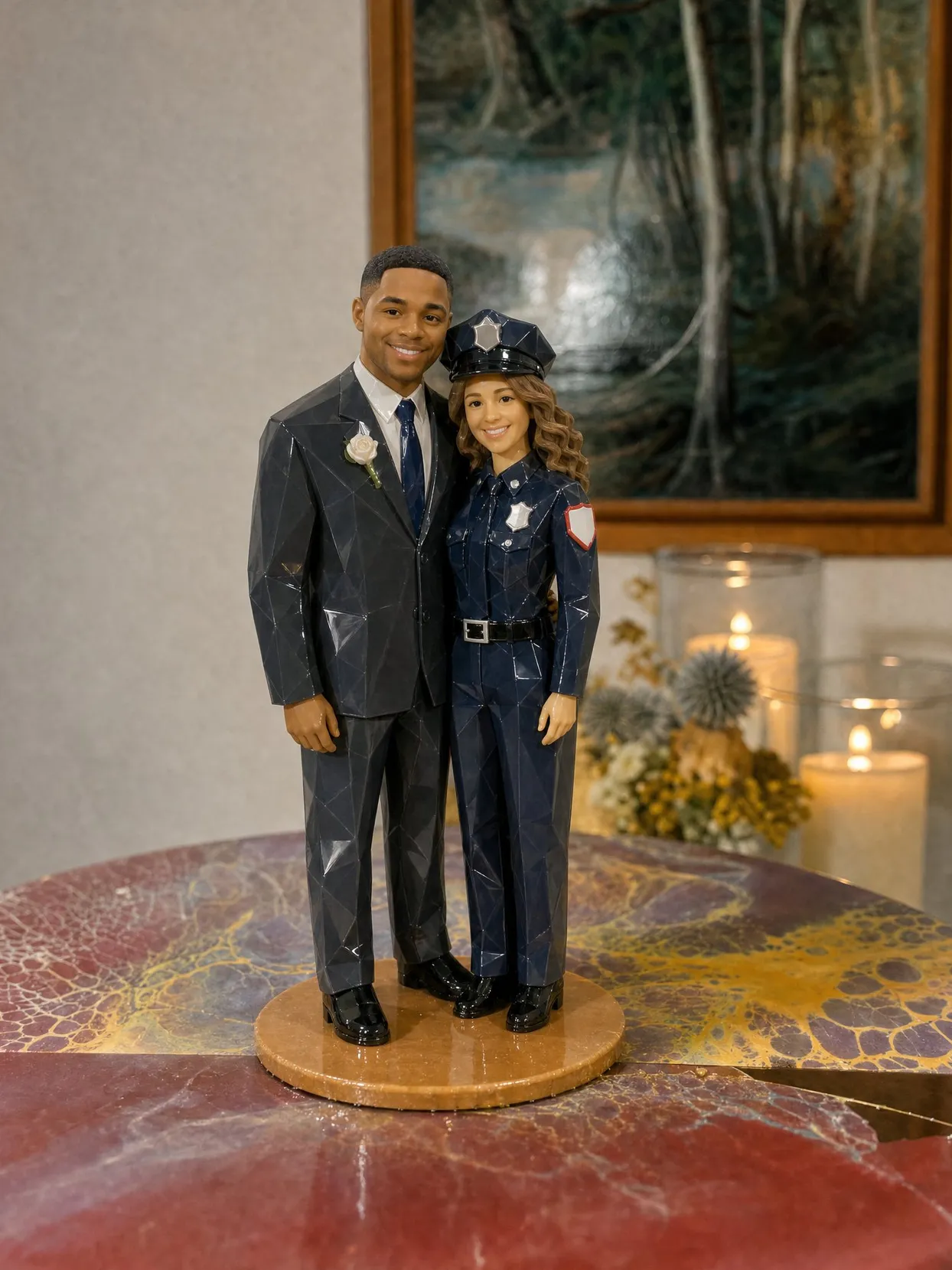 The same couple with the roles swapped: she wears the navy uniform and hat, he wears a charcoal suit.