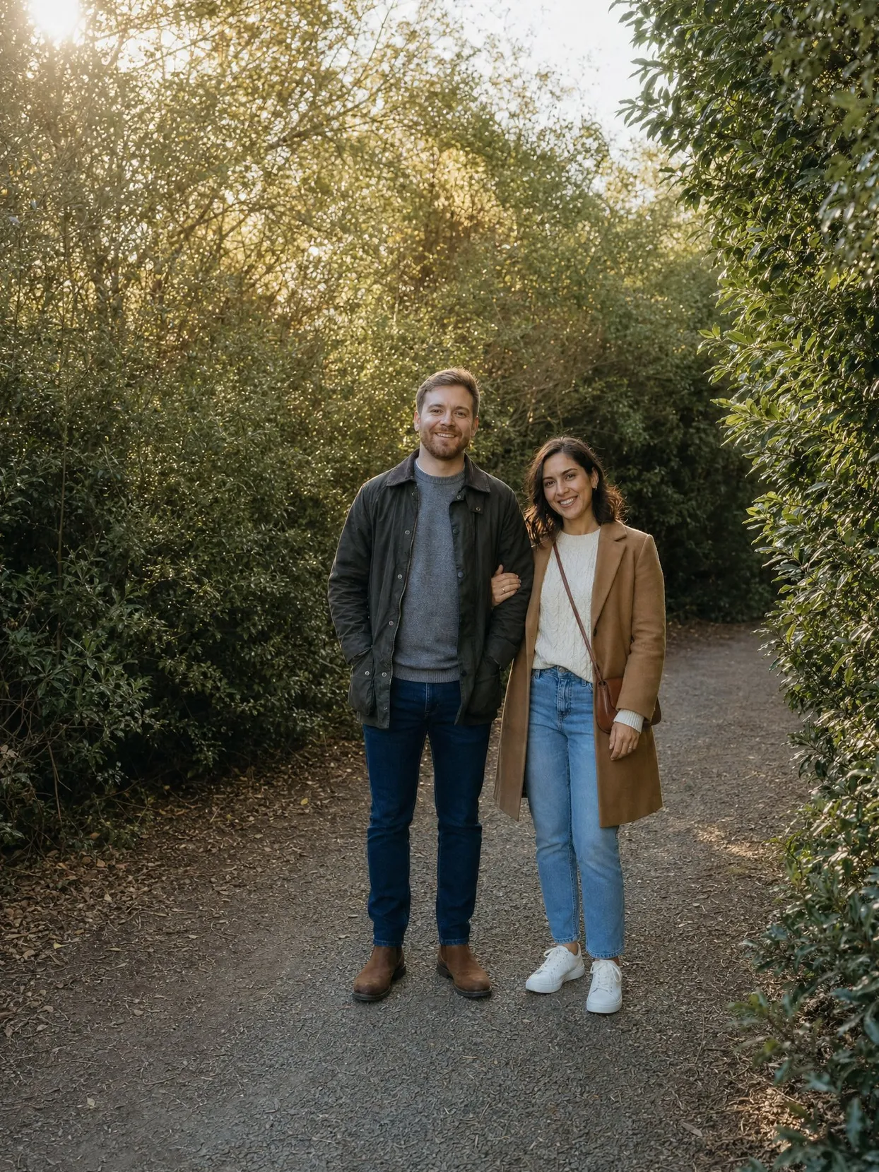 A couple standing arm in arm on a path between tall bushes: he in a green waxed jacket, gray sweater and jeans, she in a camel coat, cream sweater and light jeans
